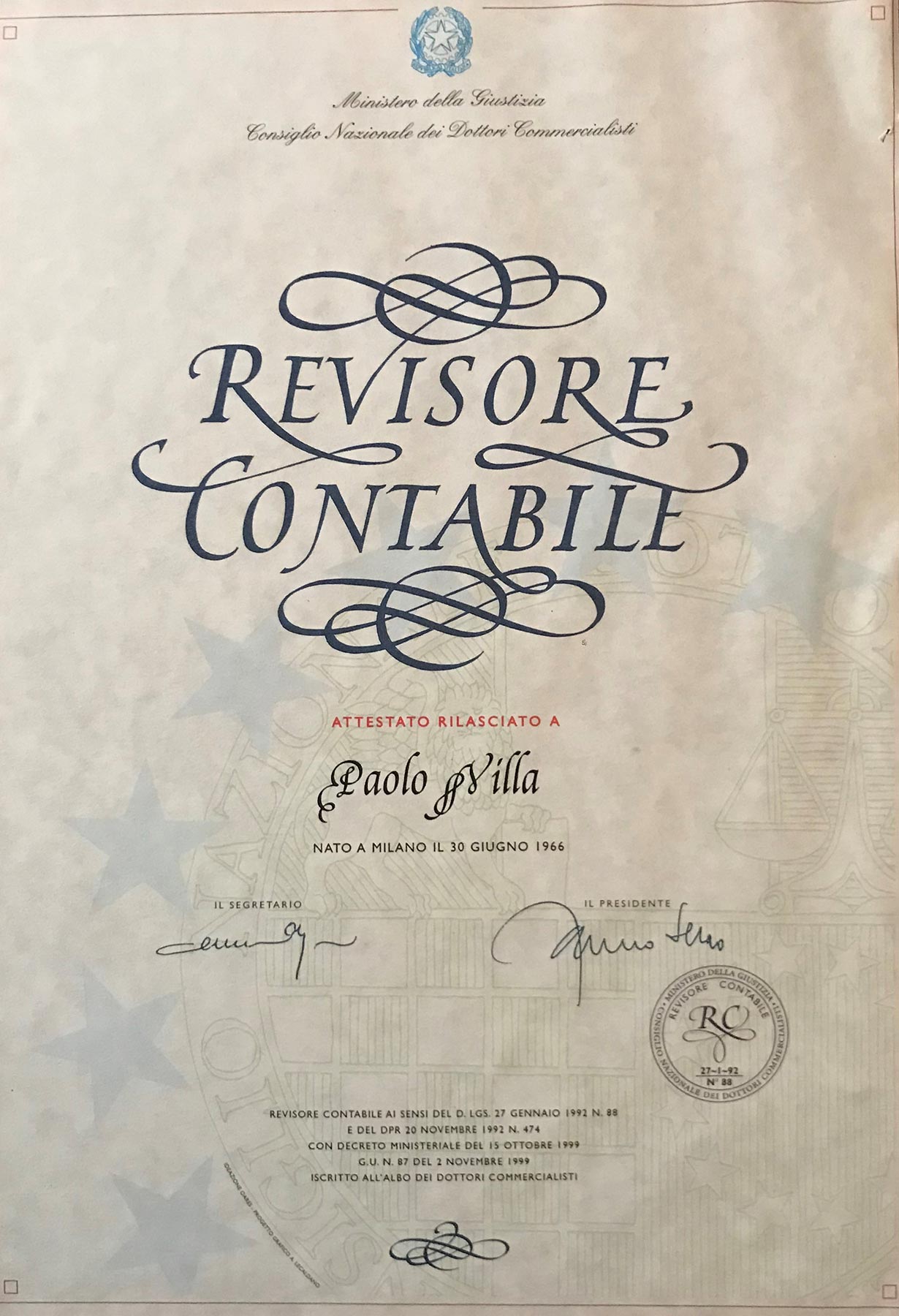 Paolo Villa attestato di revisore contabile