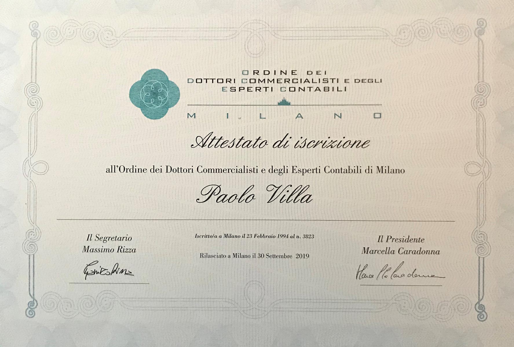 Paolo Villa attestato di iscrizione all'ordine
